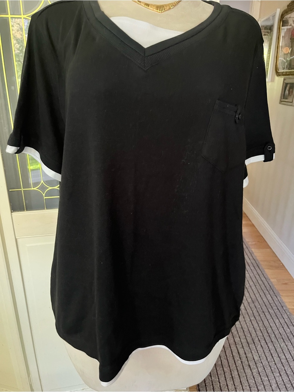 Studio Works Woman 3X Black Layered Look V Neck Top Plus Size Short Sleeve